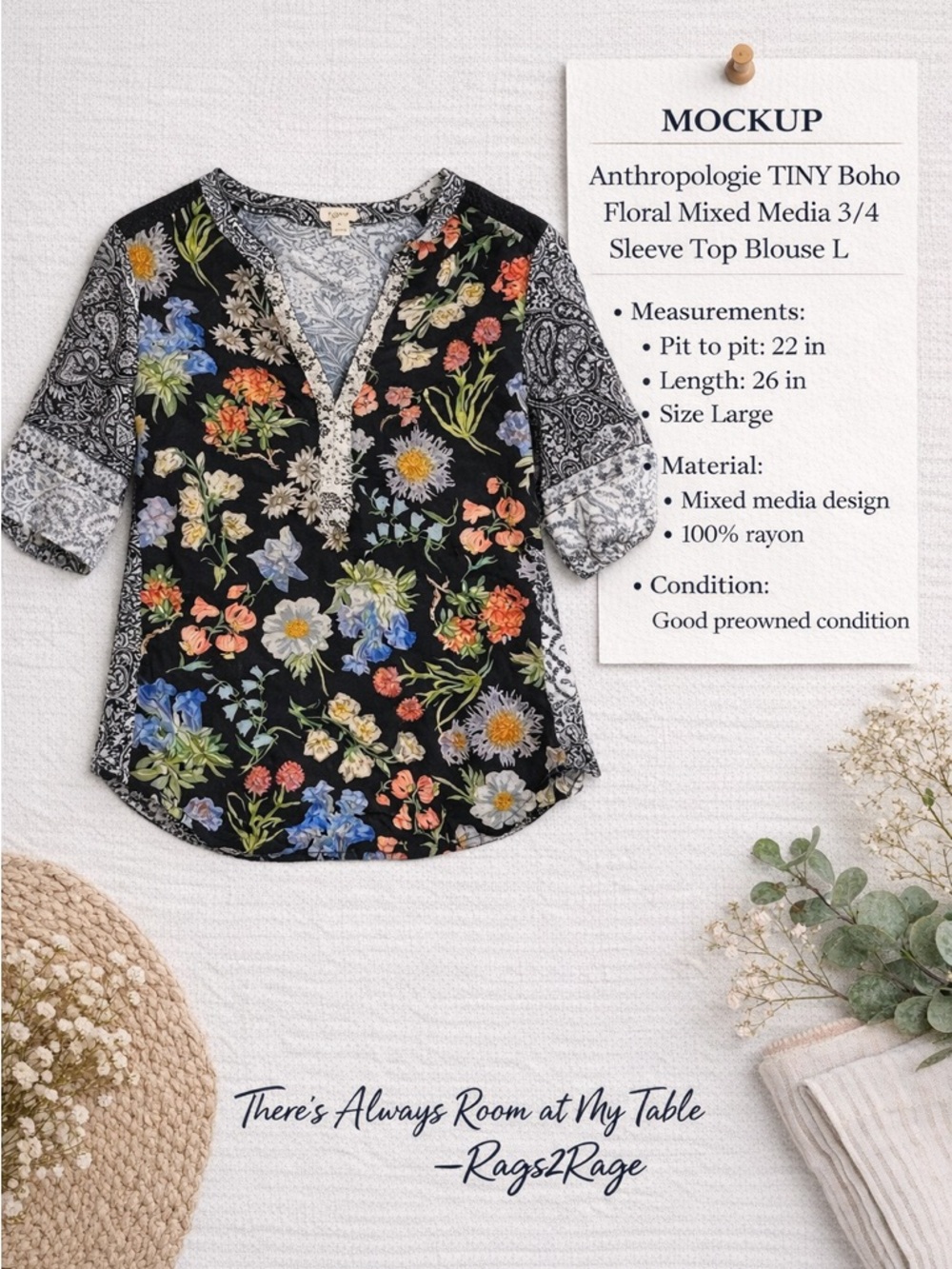 Anthropologie TINY Boho Floral Mixed Media 3/4 Sleeve Top Blouse L - Picture 3 of 9